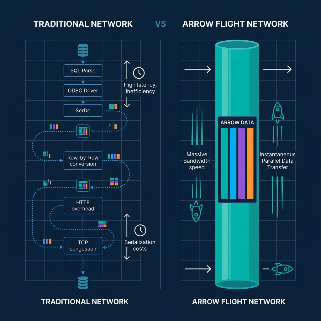 Arrow Flight RPC versus traditional REST/ODBC protocols over a network
